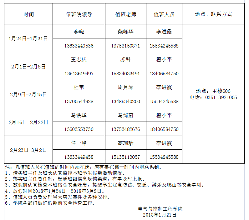 电气与控制工程学院2018寒假值班表